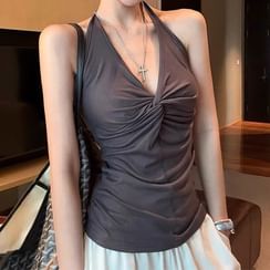 Set: Long-Sleeve Scoop Neck Plain Ribbed T-Shirt + Tank Top
