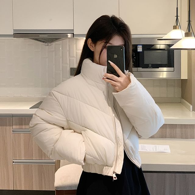 Sienne-Stand Collar Plain Zip Puffer Jacket