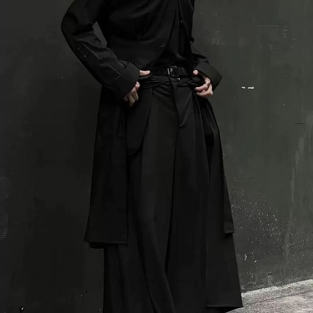 JUN-LEE-Collared Plain Long Coat High Waist Wide Leg Pants