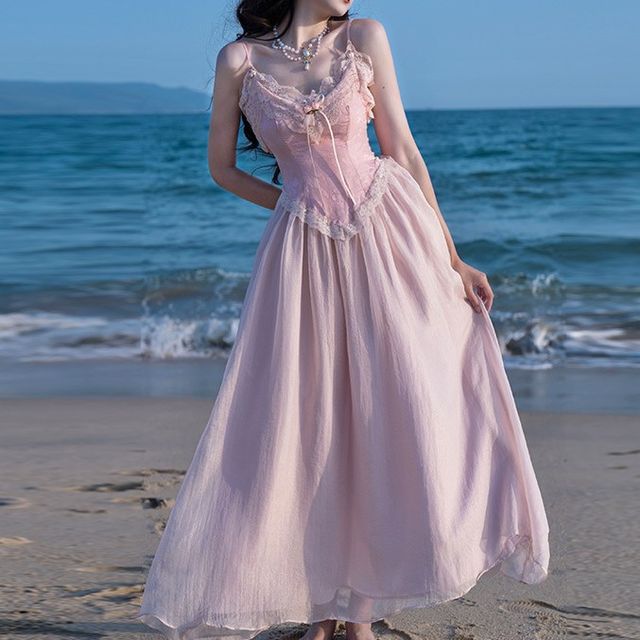Yolandus - Spaghetti Strap V-Neck Flower Detail Lace Trim Panel Maxi A-Line  Dress / Faux Pearl Necklace / Set | YesStyle