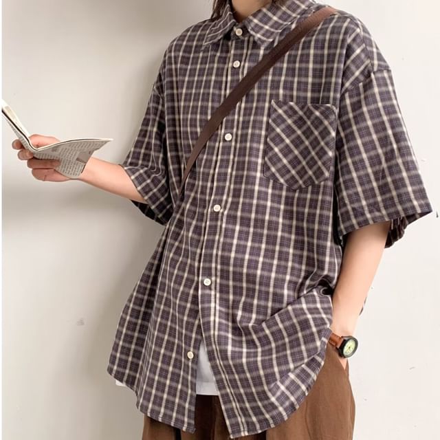 farrahces-Elbow-Sleeve Pocketed Plaid Shirt
