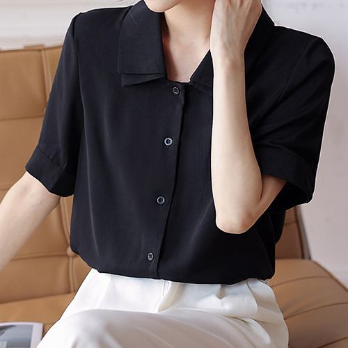 Gatilopion - Short-Sleeve Double Collar Plain Button-Up Shirt