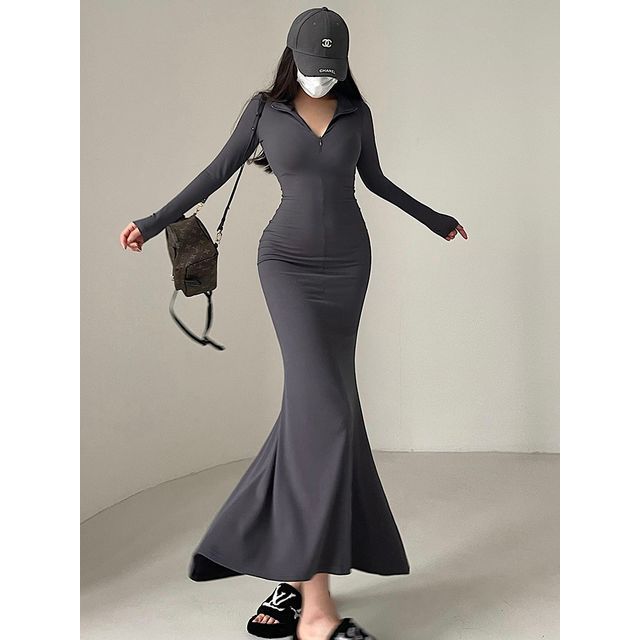 chinese dress ladies Deep V-Neck Balloon Sleeve Plain Maxi Dress – Charming Charlie main image 1