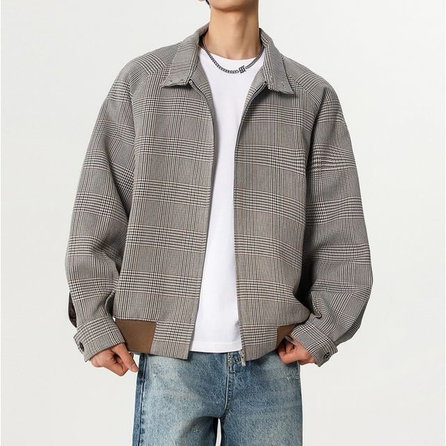 Koiyua-Stand Collar Houndstooth Zip-Up Jacket