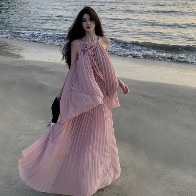 Fioridi - Set: Plain Asymmetrical Pleated Camisole Top + High Waist  Accordion Pleated Maxi A-Line Skirt | YesStyle