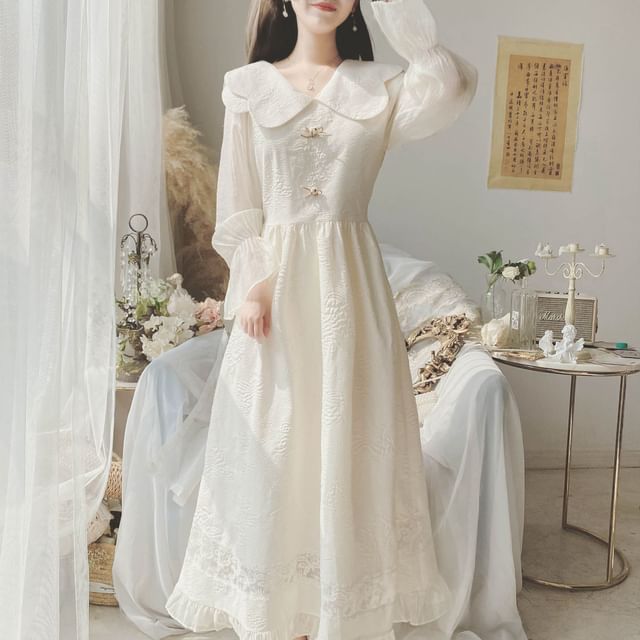 Moregirl - Long-Sleeve Collared Embroidered Bow Ruffle Panel Maxi A-Line Dress | YesStyle Moregirl - Long-Sleeve Collared Embroidered Bow Ruffle Panel Maxi A-Line Dress | YesStyle