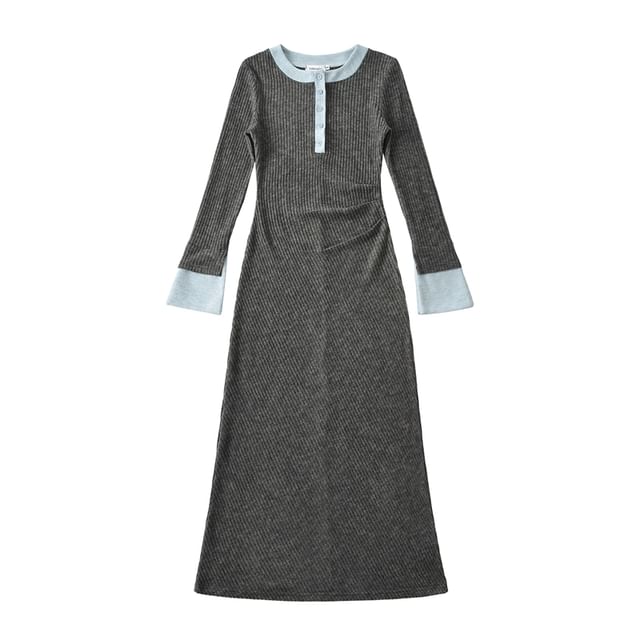 Ulark-Long-Sleeve Crew Neck Contrast Trim Ruched Half-Buttoned Maxi Sheath Knit Dress