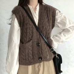 Avox - Plain Knit Vest / Long-Sleeve Ruffle Trim Blouse Avox - Plain Knit Vest / Long-Sleeve Ruffle Trim Blouse