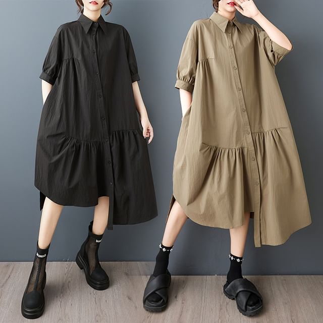 Lewwe-Short Sleeve Collared Plain Asymmetrical Gathered Midi A-Line Shirt Dress