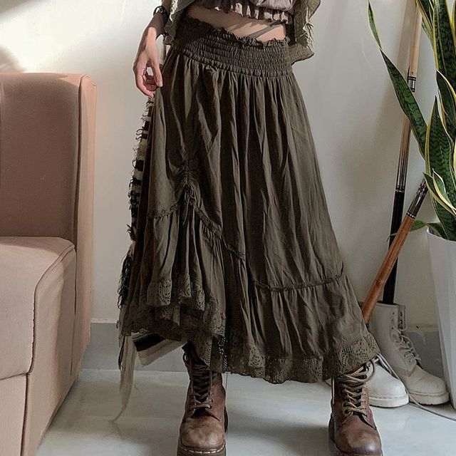 BrickBlack - High-Rise Lace Trim Asymmetrical Midi Skirt | YesStyle