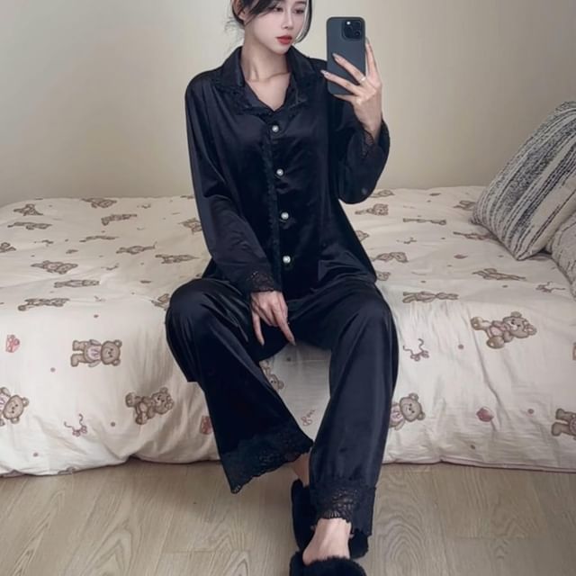 GOUB-Plain Lace Trim Pajama Set