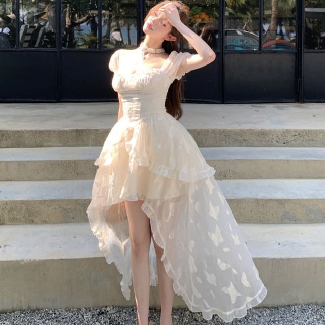 WOW!NITE - Puff-Sleeve Sweetheart Neckline Butterfly Jacquard Frill Trim  Layered High Low A-Line Dress | YesStyle
