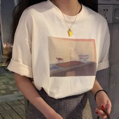 CRIBI - Elbow-Sleeve Graphic Print T-Shirt