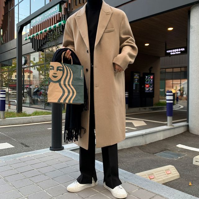 Omozando-Long-Sleeve Plain Woolen Long Coat