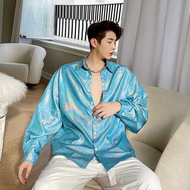 Orungeetun-Long-Sleeve Plain Glitter Shirt
