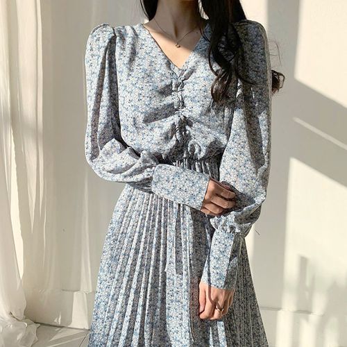 Coris - Long-Sleeve Floral Pleated Dress | YesStyle
