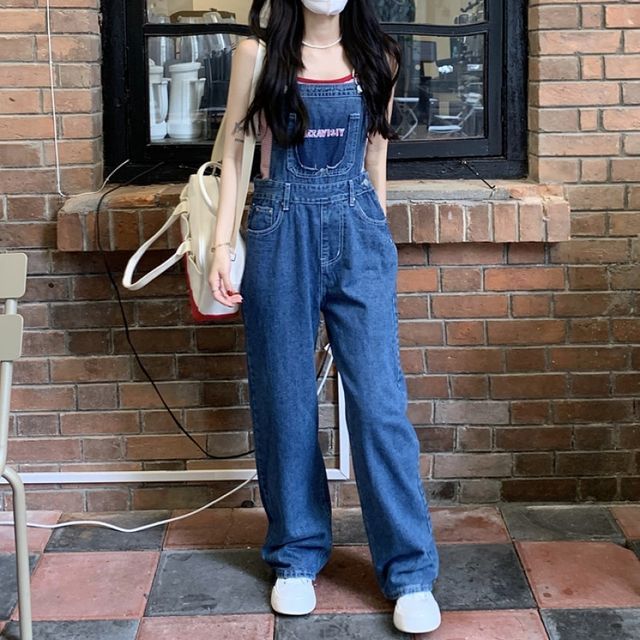 Piwonia - Letter Embroidered Distressed Wide Leg Denim Dungaree