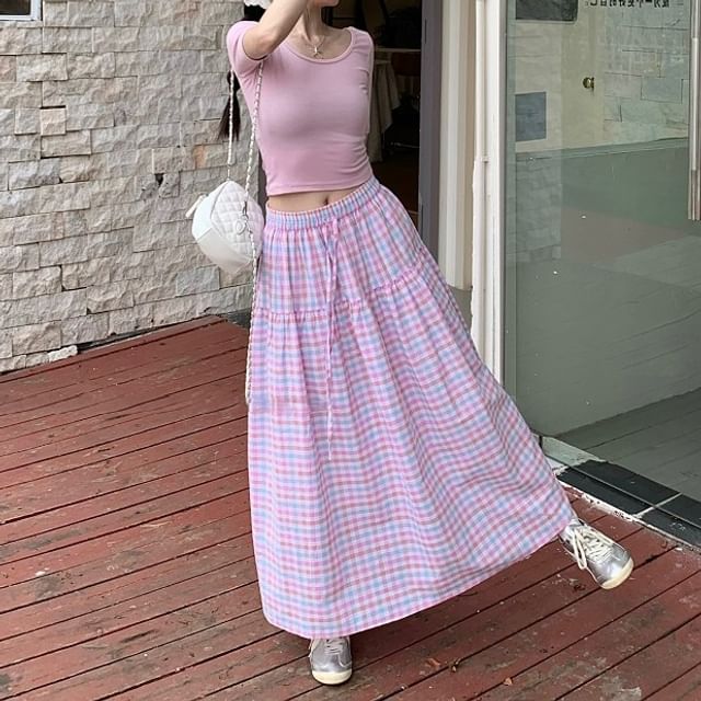 OUREA-Drawstring Waist Plaid Maxi A-Line Skirt