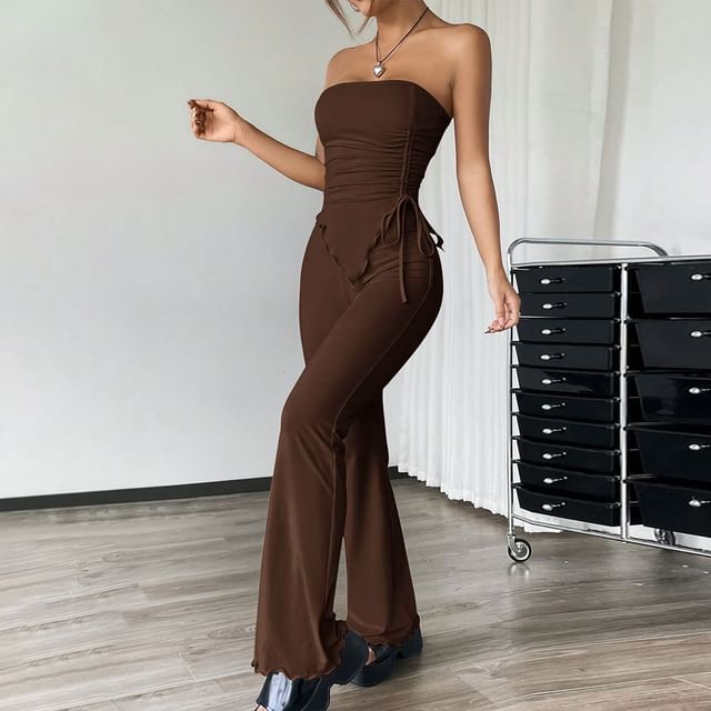 Asiris-Set Plain Drawstring Tube Top High Rise Flared Pants
