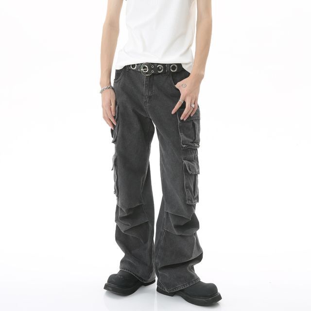 FAERIS-Mid Rise Washed Straight Leg Cargo Jeans