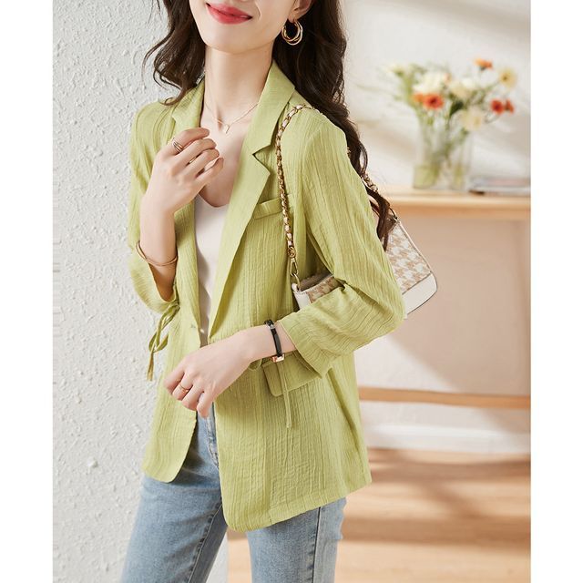 Jeonseon-Plain Shirred One-Buttoned Blazer