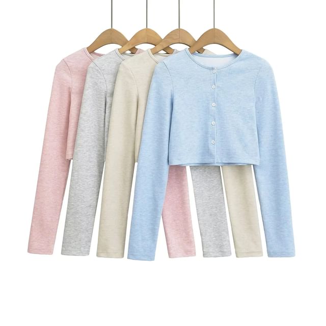 Asiris-Long Sleeve Round Neck Plain Button Crop Top
