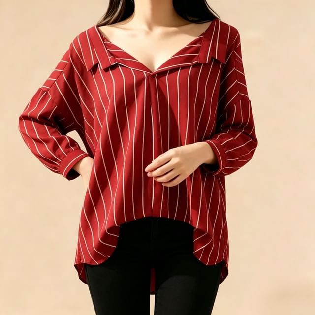 Lemongrass-Gestreifte Bluse mit Rückenausschnitt
