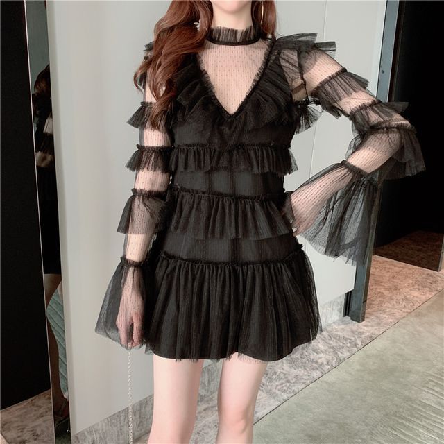 long sleeve layered a line mini dress in black Princess Polly Women's Vinelle Sequin Long Sleeve Velvet Minidress - Black main image 0