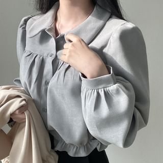 Rosesand-Puff Sleeve Plain Ruffled-Hem Crop Shirt