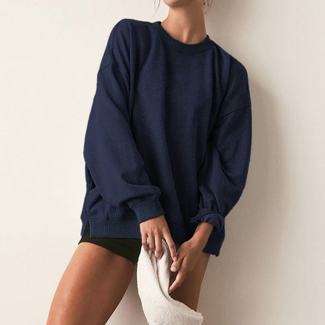 BrickBlack-Long-Sleeve Crew Neck Plain Pullover