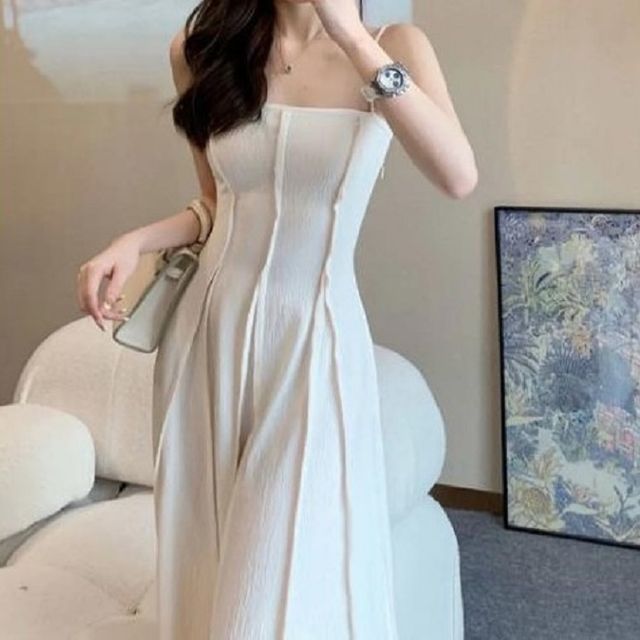 Cossita-Spaghetti Strap Plain Maxi A-Line Dress
