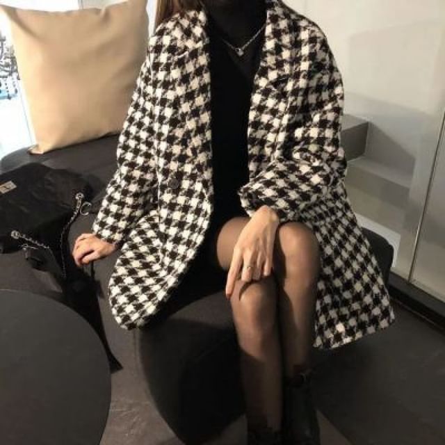 Essere-Lapel Collar Houndstooth Double-Breasted Coat