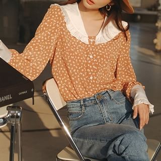 Sincethen-Long-Sleeve Frill Trim Floral Print Blouse