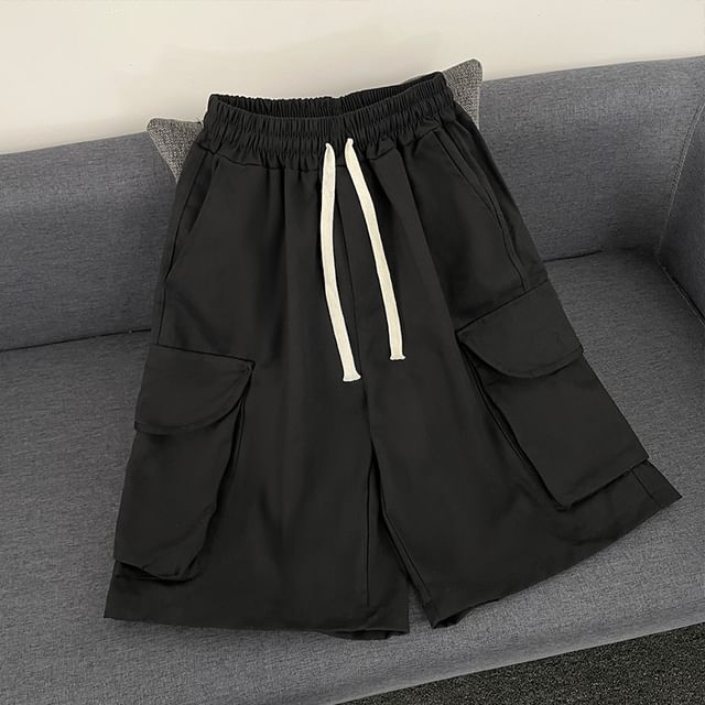 Whyessa-Drawstring Waist Plain Cargo Bermuda Shorts