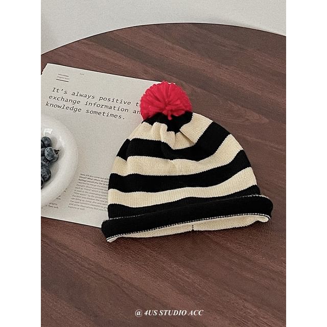 4-4 STUDIO-Pom Pom Striped Beanie