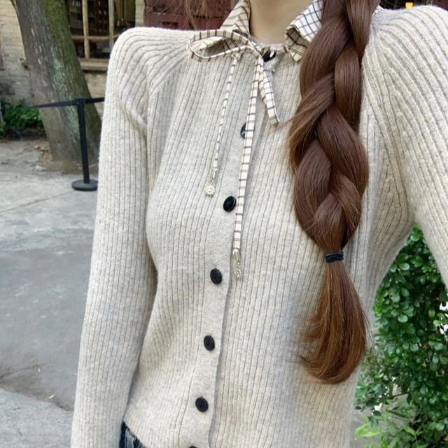 Beem-Mock Two-Piece Long-Sleeve Collar Plaid Panel Button Ribbed Knit Top