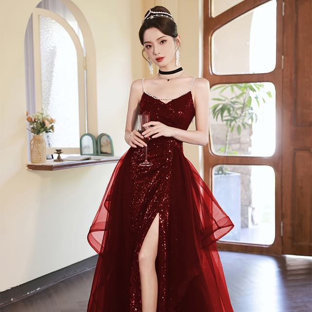 MSSBridal-Beaded Strap Plain Sequin Slit Panel Mesh A-Line Evening Gown