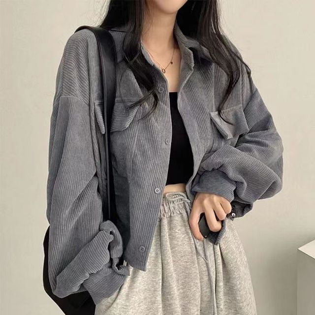 Everose-Plain Corduroy Crop Shacket