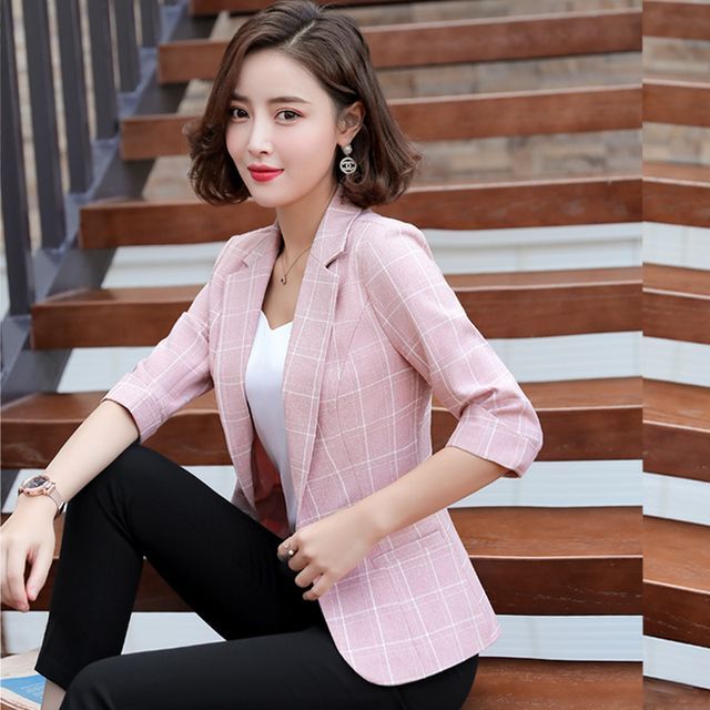 palajana - Elbow-Sleeve Plaid Blazer / Mid Rise Straight Leg Suit Pants /  Set | YesStyle