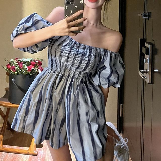 Odestra-Off-Shoulder Striped Romper