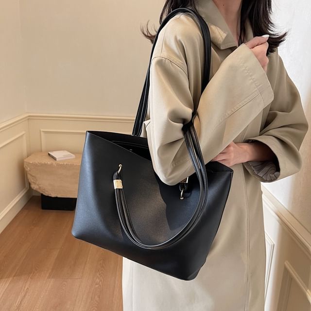 Mulgam-Plain Faux Leather Tote Bag