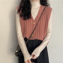 Metonymph - Cable Knit Button-Up Sweater Vest / Long-Sleeve Mock-Neck Top