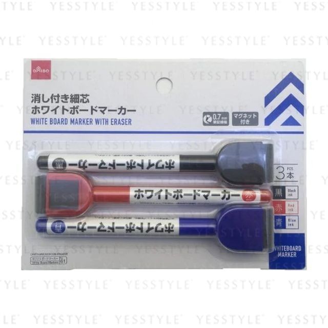 DAISO White Board Marker With Eraser Thin Tip 3 Colors YesStyle
