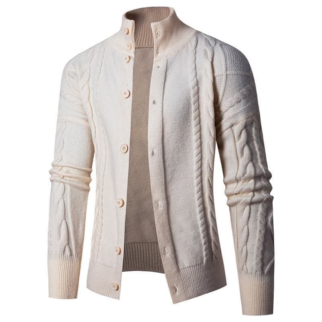 YIKES-Stand Collar Plain Cable Knitted Button Cardigan