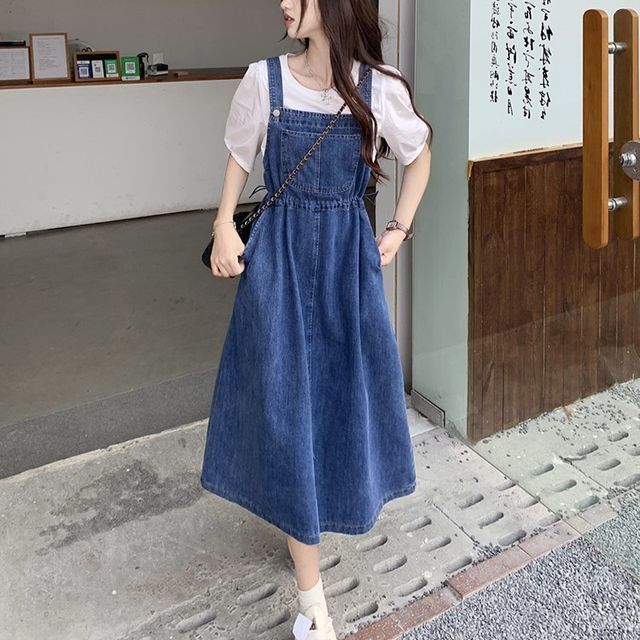 ANORA - Puff Sleeve Round Neck Plain Tee / Washed Drawstring Midi A-Line Denim Dungaree Dress | YesStyle ANORA - Puff Sleeve Round Neck Plain Tee / Washed Drawstring Midi A-Line Denim Dungaree Dress | YesStyle