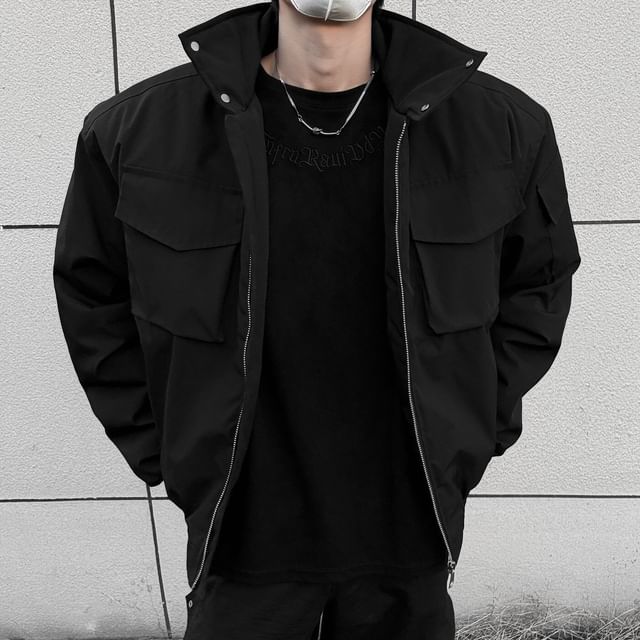 Omozando-Stand Collar Plain Zip Cargo Jacket