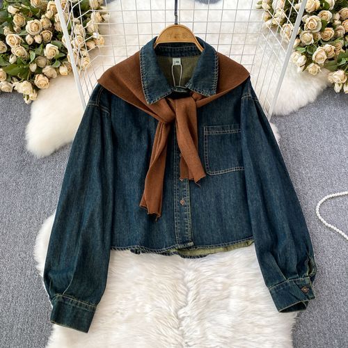 2 in 1 ribbed knit outlet trim hooded denim jacket