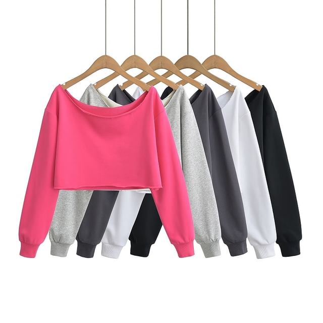 Hollahop-Boatneck Plain Crop Pullover