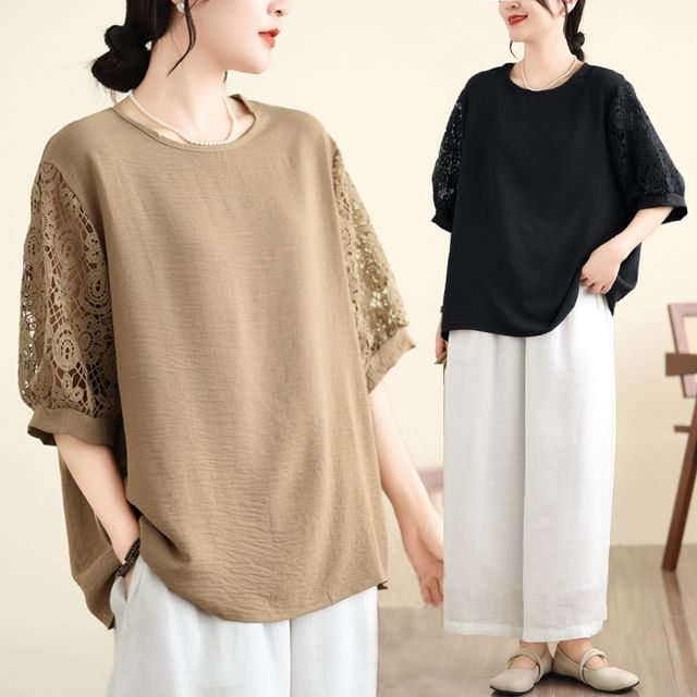 Supernova-Puff-Sleeve Plain Lace Panel Blouse