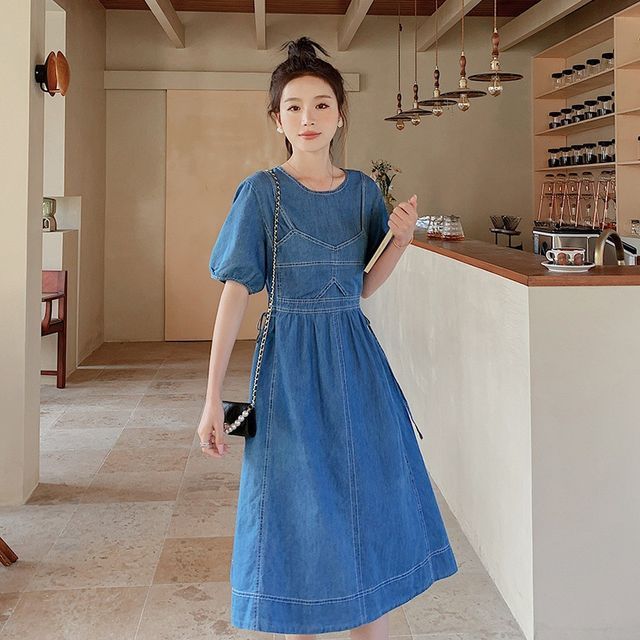 Poppis - Puff-Sleeve Crew Neck Denim Midi A-Line Dress | YesStyle